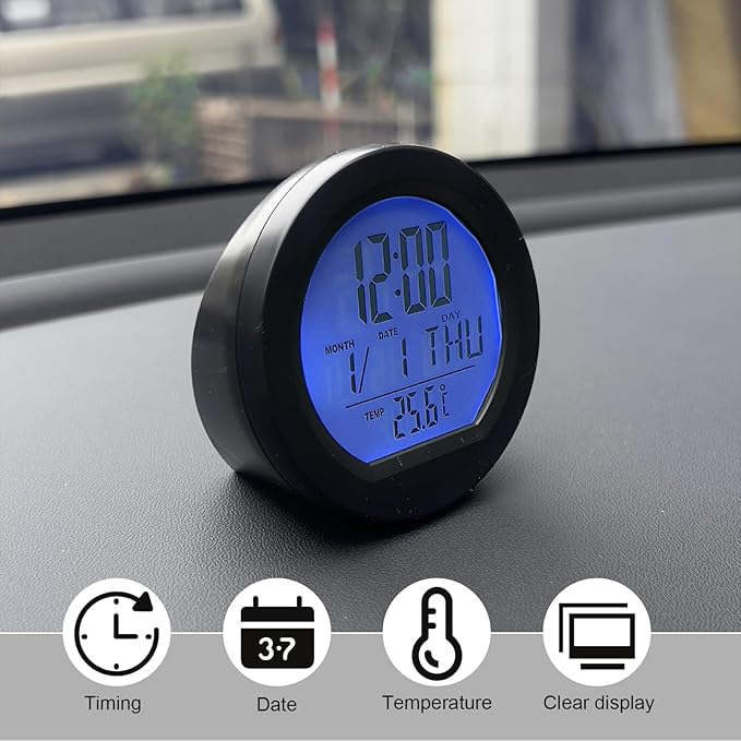 Car Digital Thermometer Clock, Solar Powered Dashboard Clock with Automatic Backlight, 24 Hour Format Time, Temperature, Calendar for Car Truck Home