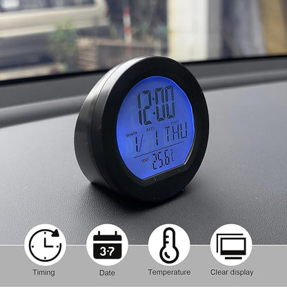 Car Digital Thermometer Clock, Dashboard Clock with Backlight Fahrenheit Celsius Temperature Display, Mini Adhesive 24 Hour Format Time Clock Calendar for Car Truck Home