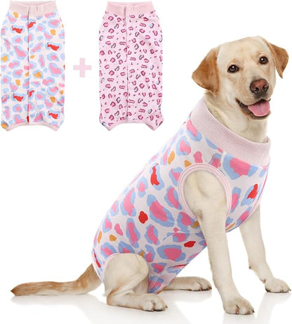 SAWMONG 2 Pack Dog Surgery Recovery Suit, Leopard Recovery Suit for Dogs After Surgery, Soft Polyester Spay Surgical Suit Female Male, Dog Onesie Body Suit Substitute Cone Alternative,XL