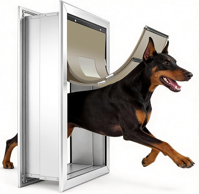 Extra Large Dog Door for Wall, XL Dog Door with 2 Self-Closing Insulated Flaps for Extreme Weather, Heavy Duty Aluminum XXL Dogs Doors with Telescoping Tunnel, Pets Up to 230LBS, X-Large, Sliver