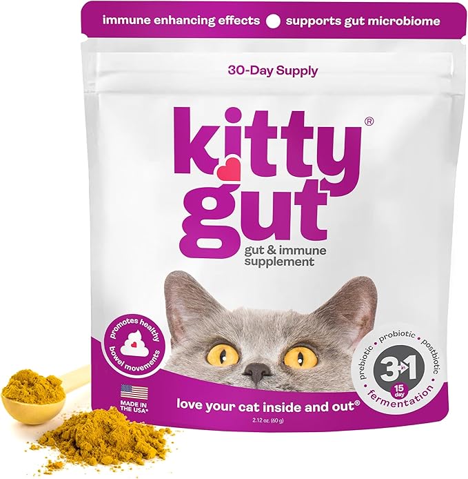 KittyGut 3-in-1 Organic Cat Probiotics & Postbiotic Supplement Powder- Made in USA-Probiotics for Cats Promote Gut Health and Cat Digestive Support, Diarrhea and Vomiting (60g)