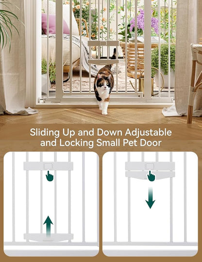 Babelio 36 Inch Extra Tall Baby Gate with Cat Door, 29-48" Metal Pet Door for Stairs, Doorways, Auto Close, Easy Walk Thru, White