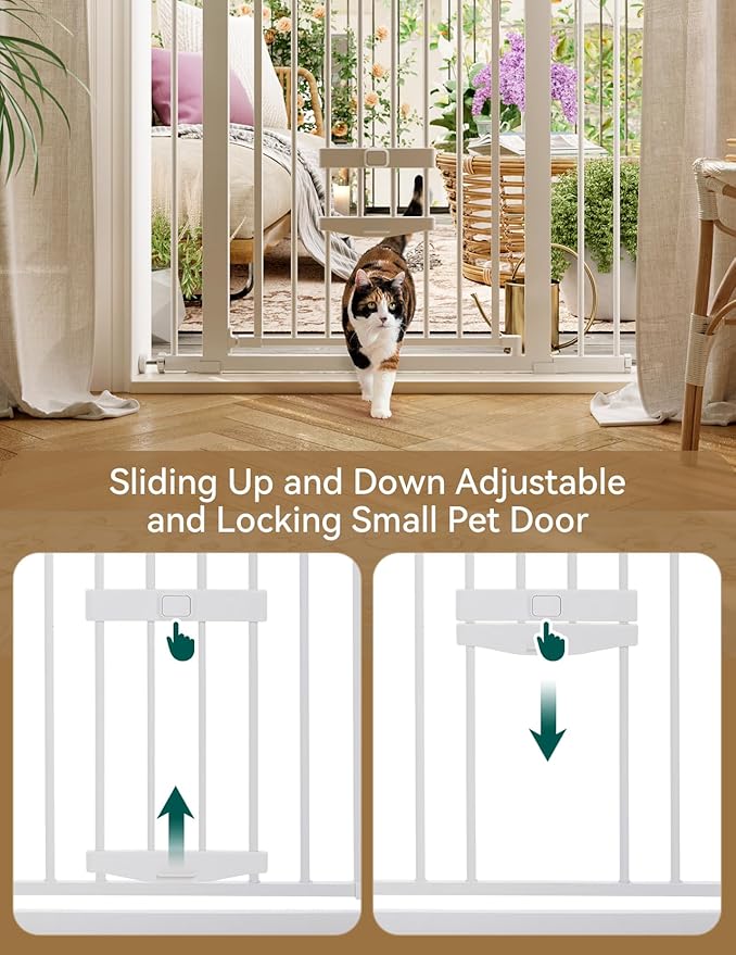 BABELIO 36 Inch Extra Tall Baby Gate with Cat Door, 29-40" Metal Dog Gate, Cat Gate for Stairs, Doorways, Auto Close Safety Gate with Pet Door, Easy Walk Thru, White