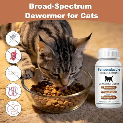 Cat Dewormer for Cats – Fenbendazole Liquid Broad Spectrum Wormer for Tapeworms, Roundworms & Hookworms, 120 mL (4.2 fl oz)