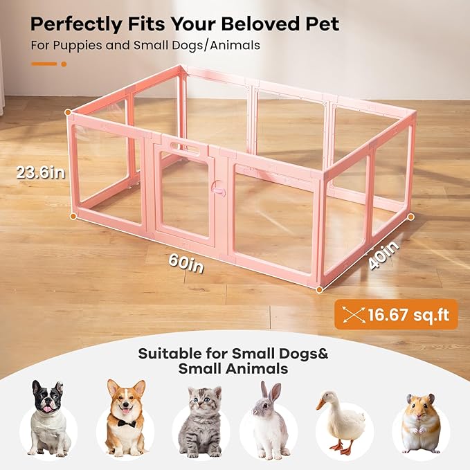 Clear Acrylic Dog Playpen Indoor, Puppy Cat Small Pet Play Pen, Pet Cat Playpen for Rabbits, Dog Fence Crate Kennel Whelping Cage (Pink, 10 Panel)