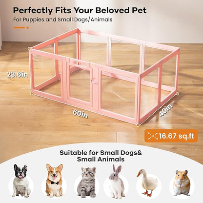Clear Acrylic Dog Playpen Indoor, Puppy Cat Small Pet Play Pen, Pet Cat Playpen for Rabbits, Dog Fence Crate Kennel Whelping Cage (Pink, 10 Panel)