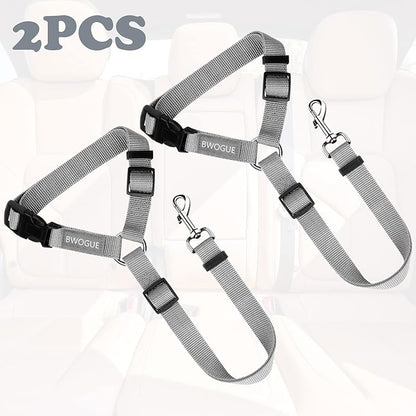 BWOGUE 2 Packs Dog Cat Safety Seat Belt Strap Car Headrest Restraint Adjustable Nylon Fabric Dog Restraints Vehicle Seatbelts Harness Grey
