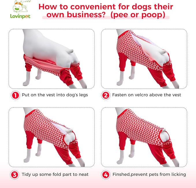 LovinPet Dog Recovery Suit for Large Medium Dogs - Cut-Out Design of Abdomen Recover Comfortably Well Protection Pet Onesie Suit Pet Pajamas Dog Anti Licking Bodysuit,Red Wave Pattern,L