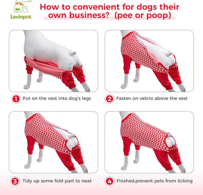LovinPet Dog Recovery Suit for Large Medium Dogs - Cut-Out Design of Abdomen Recover Comfortably Well Protection Pet Onesie Suit Pet Pajamas Dog Anti Licking Bodysuit,Red Wave Pattern,M