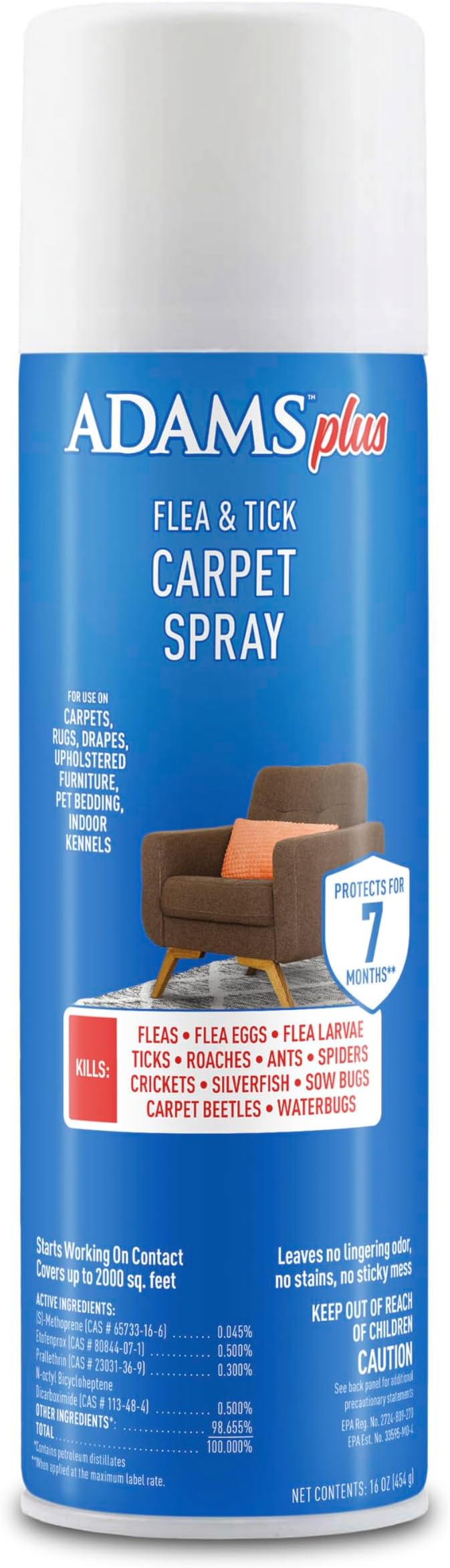ADAMS Plus Flea & Tick Carpet Spray, Kills Fleas, Flea Eggs, Ticks, Ants, Roaches, Spiders, and Many Other Listed Nuisance Pests, for Indoor House and Carpet Treatment, Treats Up to 2,000 Sq Ft, 16 oz