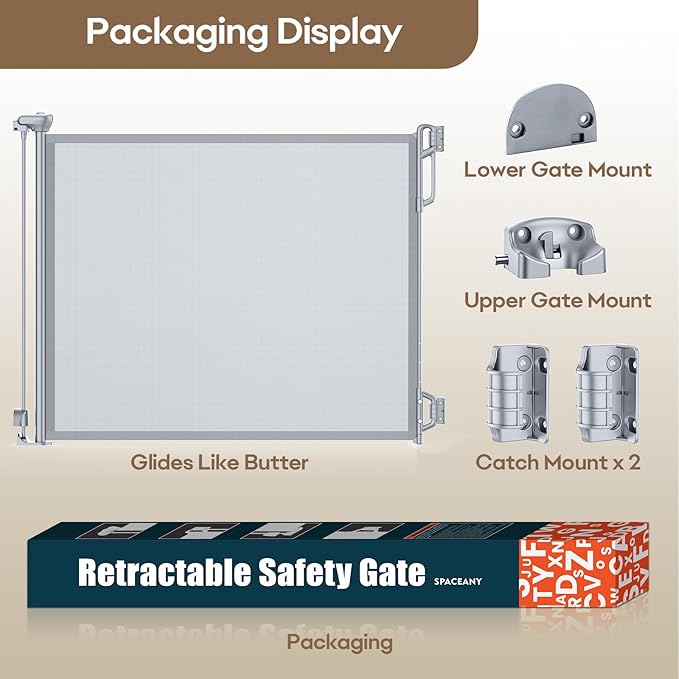 SPACEANY Retractable Safety Baby Gate or Mesh Dog Gate,Durable Portable Mesh Retractable Gate,Easy to Use for Stairs, Doorways, Hallways, Indoor, Outdoor, 33.5" Tall, Up to 45" Wide, Gray