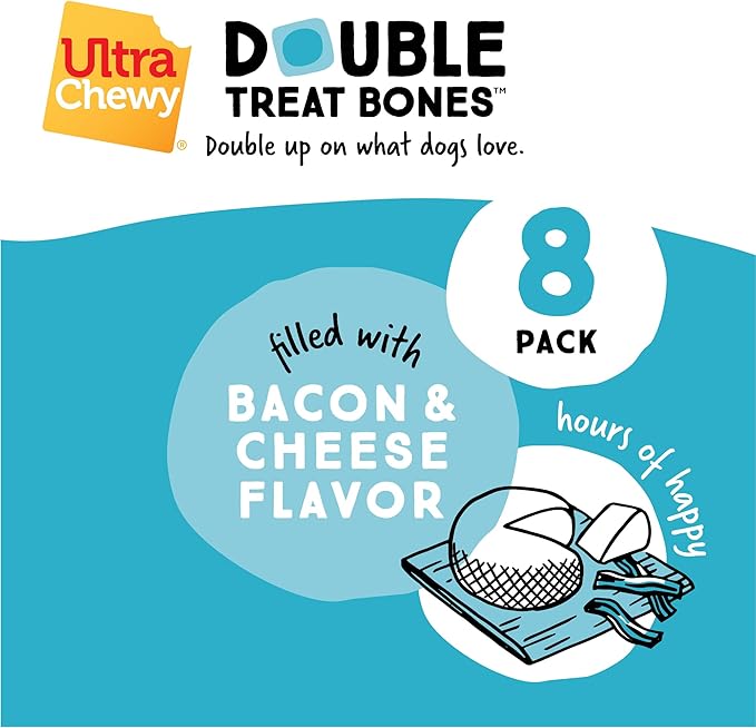 Ultra Chewy Bacon and Cheese Double Treat Bones: Long-Lasting Dog Treats Made in USA for Large and Small Breeds, Highly Digestible, Ideal for Aggressive Chewers (12 Count)