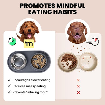 MalsiPree 2-in-1 Puppy Slow Feeder & Water Bowl Set - Puppy Adoption Gifts & Dog Birthday Treats Station - Silicone Feeding Mat with Stainless Steel Bowls - Accessories & Training Supplies - Gray