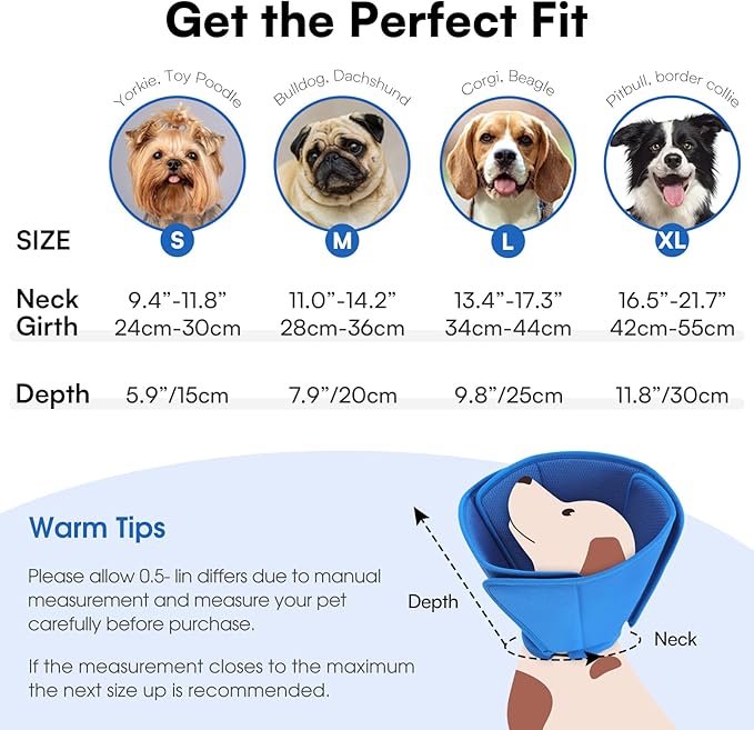 Queenmore Dog Cone,Soft Dog Cones for Large Dogs After Surgery,Comfy Cone for Dogs to Stop Licking, Adjustable Recovery Collar,Elizabethan Pet E-Collar for Wound Healing,Blue,L