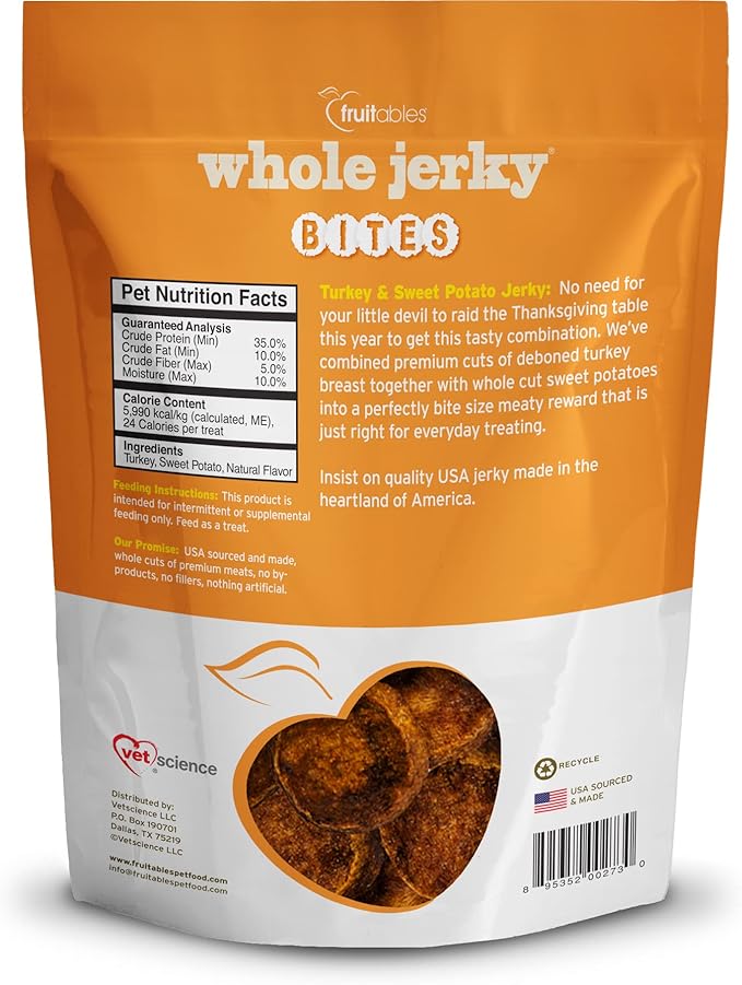Fruitables Whole Jerky Bites, Healthy Dog Treats, Puppy Essentials, Jerky Dog Treats, Made in the USA, No Artificial Ingredients, Turkey & Sweet Potato Flavor, 5oz