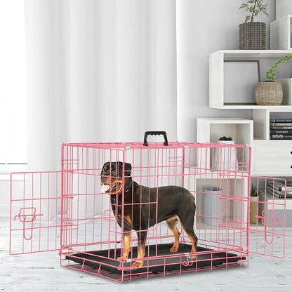 Dog Crate Dog Cage Dog Kennel Outdoor Metal Wire Double-Door Folding Pet Animal Pet Cage for Small Dog 30 inches with Double Door&Leak-Proof Pan Tray,Pink