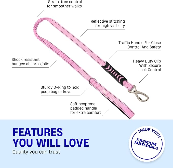 Dog Friendly Co. Bungee Dog Leash | Strain Free & Shock Resistant for Control | Neoprene Padded Handle, Heavy-Duty Carabiner Clip, and D-Ring | Pink, Size Regular