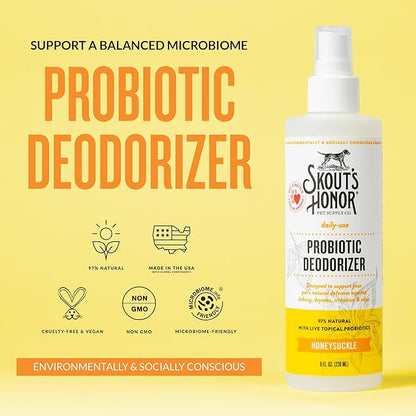 Skout's Honor Probiotic Pet Deodorizer Spray- Hydrating Daily-Use with Avocado Oil & Omega-3s, Microbiome Friendly Certiified, Paraben & Sulfate-Free, 97% Natural, 8oz, Honeysuckle