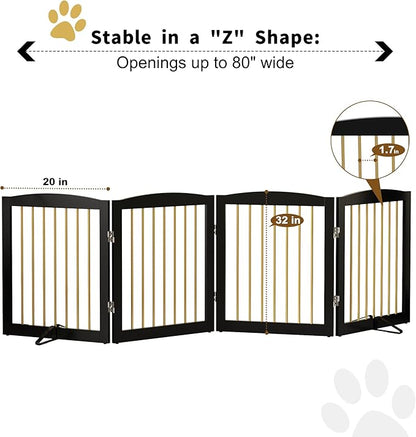 PUPETPO Freestanding Pet Gate for Dogs, Foldable Wooden Dog Gate for House, Indoor Dog Gate for Stairs, Doorways, Step Over Pet Puppy Safety Fence, 80 Inch Wide, 4 Panels 24", Black & Gold