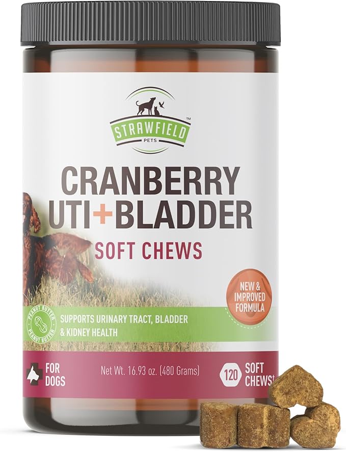 Strawfield Pets Cranberry Bladder & UTI Chews for Dogs D-Mannose + Vitamin C for Urinary Tract Support Peanut Butter Flavored Soft Chews 120 softchews