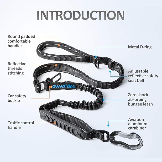 IOKHEIRA Multifunctional Leash with Car Seatbelt for Large, Medium Dogs, Adjustable, 4-6 FT Strong Bungee Leash