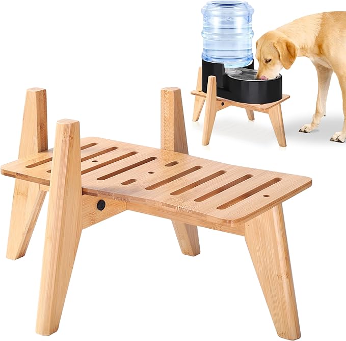 Dog Water Bowl Dispenser Stand for Medium Breeds - Elevated Raised Automatic Dog Food Feeder Holder - Adjustable Fit - Durable Bamboo