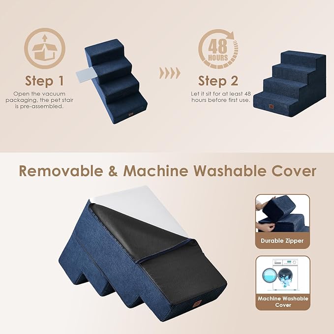 EHEYCIGA Dog Stairs for Bed 20" H, 4-Step Extra Wide Dog Steps for High Bed, Pet Steps for Small Dogs and Cats, Non-Slip Balanced Pet Ramp Indoor, Navy Blue