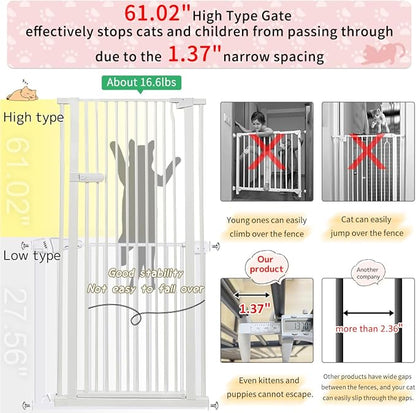 Lumizone Extra Tall Cat Gate 61.02" High Pressure Mounted Extra Wide 2025 New (17 Sizes) 1.37" Gap No Drilling Auto-Close One-Handed Operation Tall Pet Gate for Dogs(White, 61.02" H x 50.98"-55.11" W)