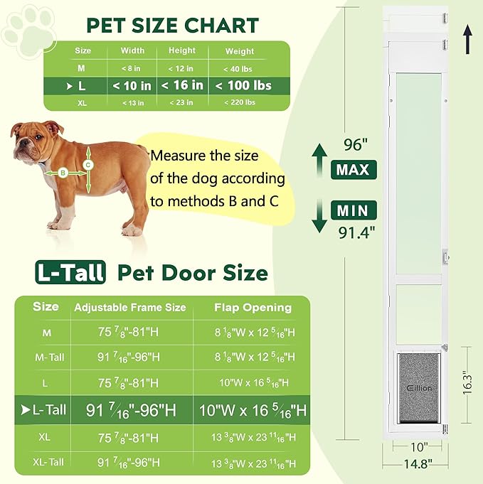 3 Flap Large Dog Door for Sliding Glass Door, Openable Pet Door for Sliding Glass Doors, Adjustable 91 7/16" to 96" Slider Height-Large Tall