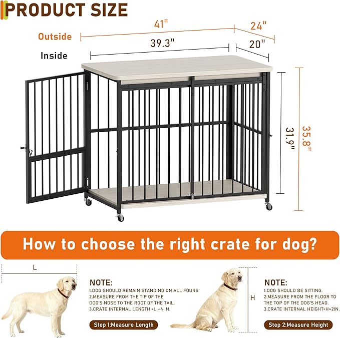 Dog Crate Furniture, 42’’ Wooden Dog Kennel Indoor with Sliding Front Door, Multi-Side Openings & Feeding Window Pet Cage House as TV Stand, End Table(Beige)