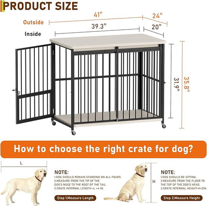 Dog Crate Furniture, 42’’ Wooden Dog Kennel Indoor with Sliding Front Door, Multi-Side Openings & Feeding Window Pet Cage House as TV Stand, End Table(Beige)