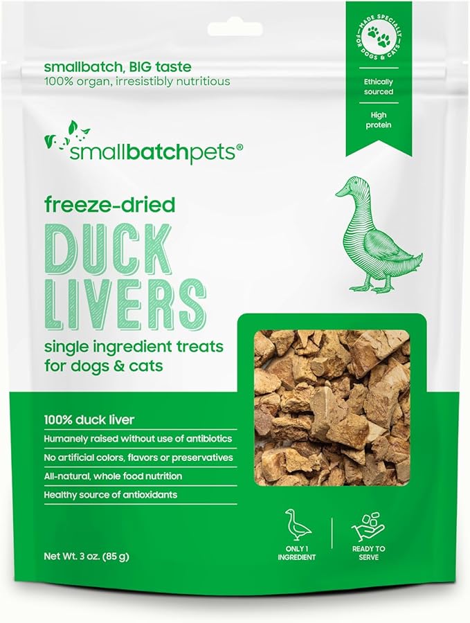 smallbatch Freeze Dried Dog Treats, Duck Liver Treats for Dogs & Cats, High Protein, Single Ingredient Dog Treat for Training or Food Topper, Natural, Humanely Sourced Meat, Made in the USA, 3 oz