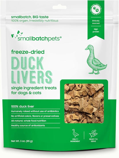 smallbatch Freeze Dried Dog Treats, Duck Liver Treats for Dogs & Cats, High Protein, Single Ingredient Dog Treat for Training or Food Topper, Natural, Humanely Sourced Meat, Made in the USA, 3 oz