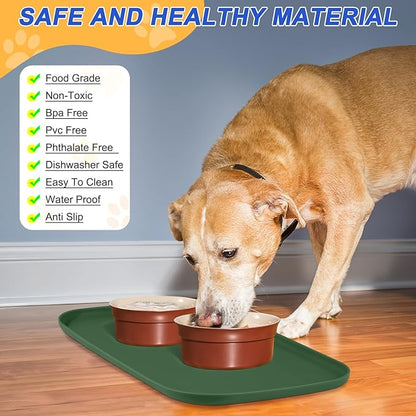SMILOOL Silicone Pet Feeding Mat with Raised Edge for Food and Water, Dog Bowl Mats, Cat Bowls Placemat with High Lip for Floor Waterproof, Rubber Tray for Cats and Dogs 22 x 14 x0.8 Dark Olive