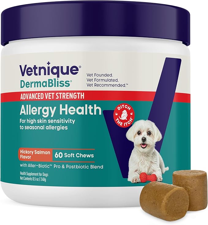 Vetnique DermaBliss Dog Allergy Chews for Seasonal Allergy Itch Relief, Skin & Gut Health with Probiotics and Omega 3 Blend - Advanced or Regular Strength (60ct, Advanced Strength Chews)