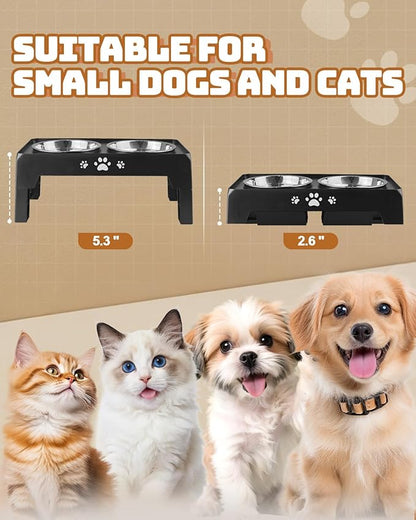 Jovrun Elevated Dog Bowls for Small Dogs and Cats, Non-Slip Cat Bowls with 2 Thick 5.5" Stainless Steel Dishes, Dog Feeder 2 Heights Adjustable to 2.6"-5.3"