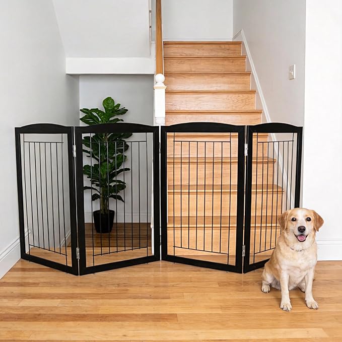ZJSF Freestanding Foldable Dog Gate for House Extra Wide Wooden Black Indoor Puppy Gate Stairs Dog Gates Doorways Tall Pet Gate 4 Panels Fence