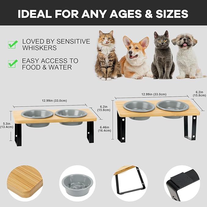 LEAWALK Upgraded Adjustable Height Cat Food Bowls Stand Ceramic Dog Bowls and Slow Feeder Cat Bowl, 15°Tilted Stand Anti Vomiting Raised for Small and Medium Sized Cats Dogs (Grey (2 Bowl+Pet mat))