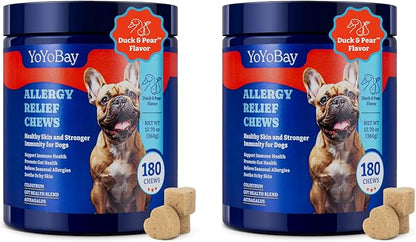 Dog Allergy Relief Chews – 180 Soft Chews, Duck & Pear Flavor - Immune Support & Itch Relief with Colostrum, Astragalus Root, 6-Strain Gut Health Blend, 2 Pack