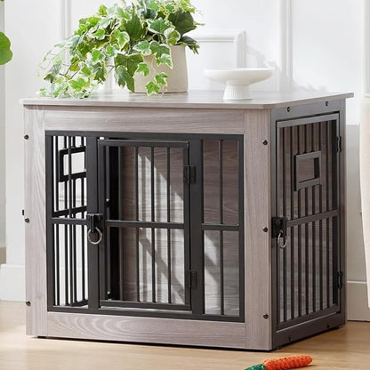 27 Inch Heavy Duty Dog Crate Furniture for Puppy/Small Dogs, Decorative Pet House End Table with 3 Doors, Wooden Cage Kennel Furniture Indoor, Rustic Grey - Without Bowls