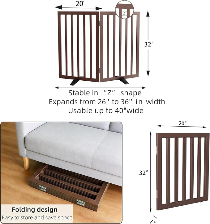 ZJSF Freestanding Indoor Dog Gate for House Foldable Wood Puppy Gate for Doorways Pet Gate for Stairs Extra Wide Pet Fence, Brown, 32" Height 2 Panels