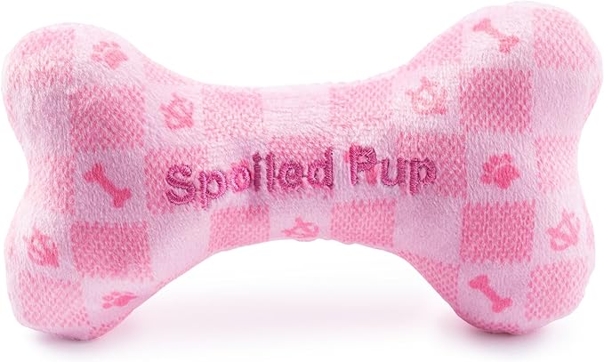 Haute Diggity Dog Chewy Vuiton Bone Plush Squeaky Dog Toy, Soft Durable Designer-Inspired Stuffed Puppy Chew Toys for Small & Medium Dogs, Machine-Washable (Pink Checker) Small