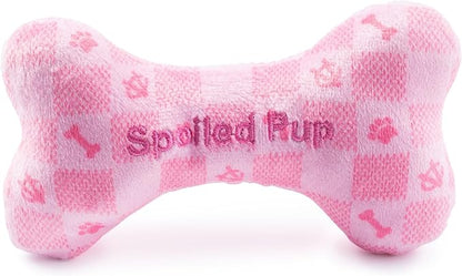 Haute Diggity Dog Chewy Vuiton Bone Plush Squeaky Dog Toy, Soft Durable Designer-Inspired Stuffed Puppy Chew Toys for Small & Medium Dogs, Machine-Washable (Pink Checker) Small