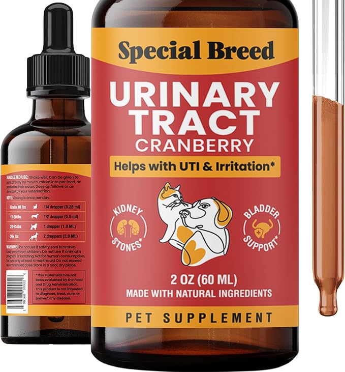 Cat & Dog Urinary Tract Infection Treatment – Natural UTI Relief with Cranberry Drops – Kidney & Bladder Support – Helps Incontinence, Frequent Urination, Bladder Stones – Pet Renal Care Drops