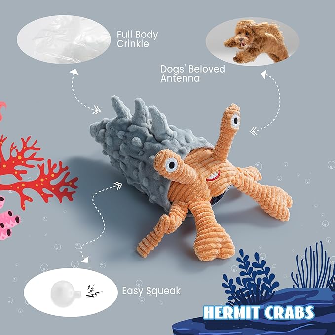 Nocciola Crinkle Squeaky Octopus Dog Toy - Ocean Theme Stuffed Interactive Rope Toys for Small, Medium & Large Dogs, Durable for Aggressive Chewers (Crab)