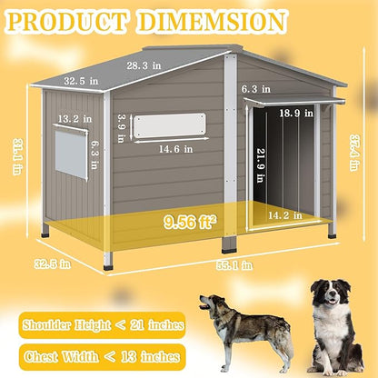 PetsCosset 55.1" L Large Dog House Outdoor & Indoor,Fir Wood Dog Kennel with Weatherproof Openable Asphalt Roof,Spacious Doghouse with Anti-Chewing Metal Edges for Small & Medium & Large Dogs,Grey