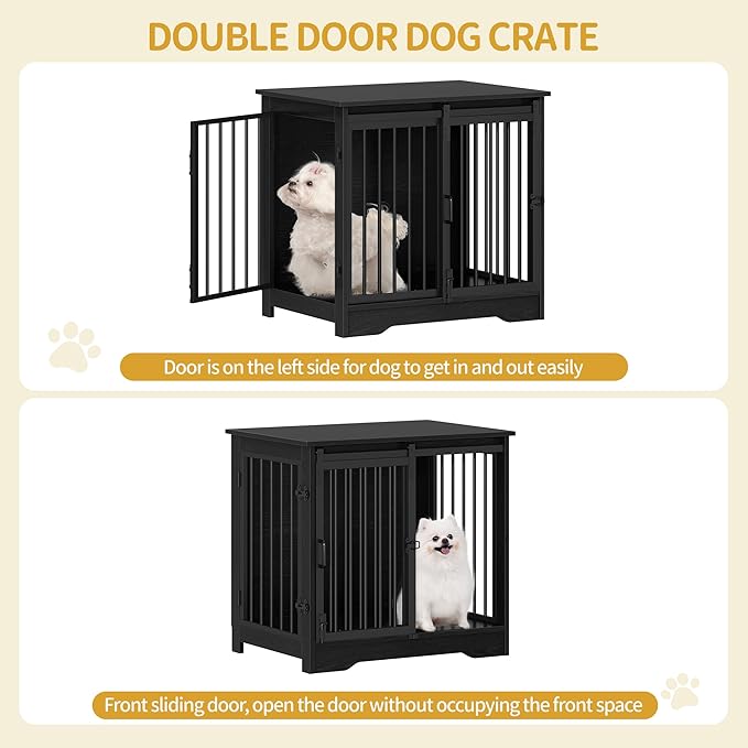 Hzuaneri 27.2" Dog Crate Furniture with Barn Door, Heavy Duty Dog Kennel Indoor with 2 Doors, Wooden Pet Cage End Table for Small Medium Dogs up to 22 lb, Anti-Chew Anti-Escape, Black DFC84304B