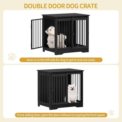 Hzuaneri 27.2" Dog Crate Furniture with Barn Door, Heavy Duty Dog Kennel Indoor with 2 Doors, Wooden Pet Cage End Table for Small Medium Dogs up to 22 lb, Anti-Chew Anti-Escape, Black DFC84304B