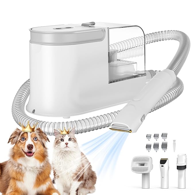 Dog Grooming Vacuum, Dog Grooming Kit with Pet Clipper Nail Grinder, 3 Suction Modes Dog Brush Vacuum with 6 Pet Grooming Tools (White)