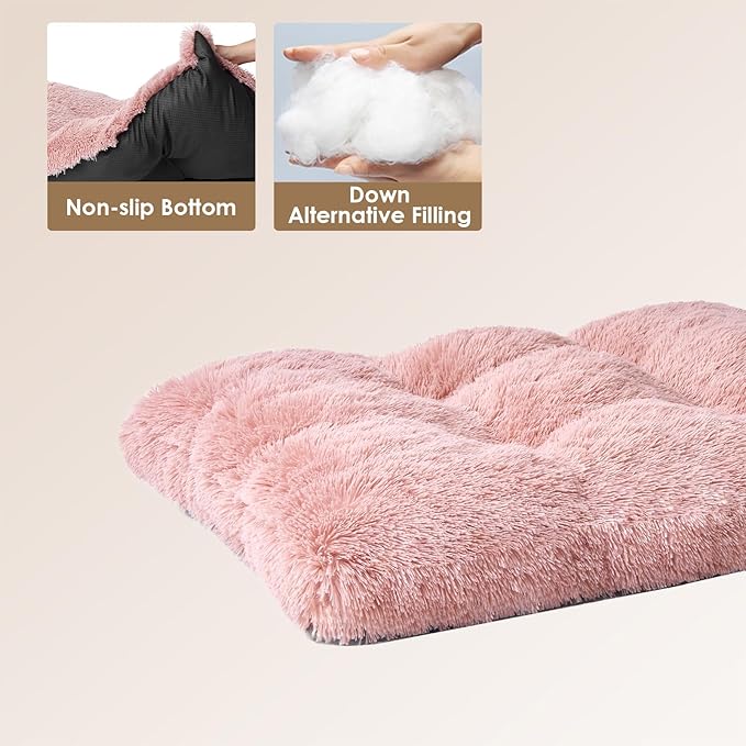 EHEYCIGA Fluffy Dog Crate Bed for Extra Large Dogs, Plush Faux Fur XLP Pad, Calming Anti Anxiety XL Plus Bed for Crate, Washable Soft Warm Dog Mat with Non-Slip Bottom, Pink
